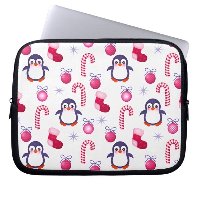 Cute Pink & White Christmas Pattern with Penguins Laptop Sleeve (Front)