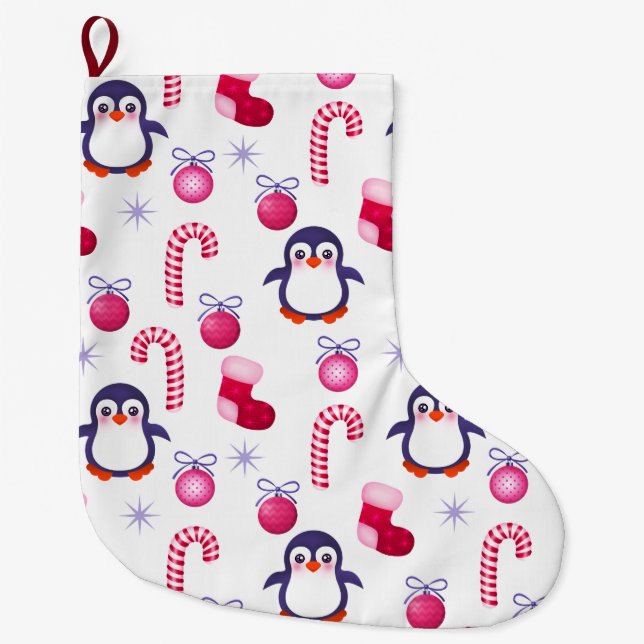 Cute Pink & White Christmas Pattern with Penguins Large Christmas Stocking (Front)