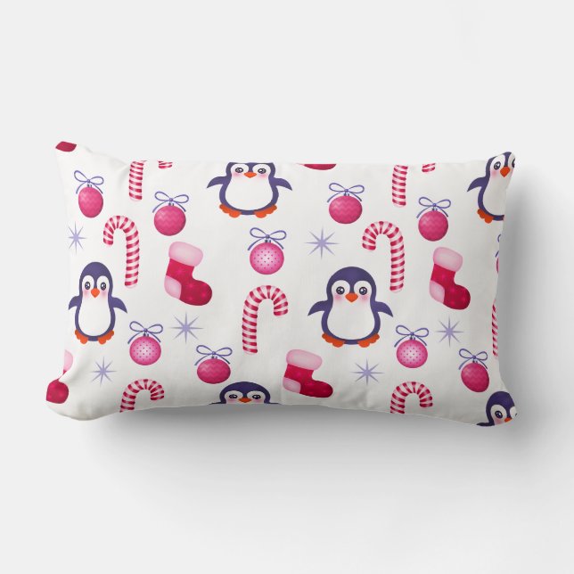 Cute  Pink & White Christmas Pattern with Penguins Lumbar Cushion (Front)