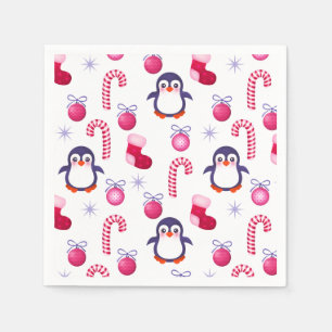 Cute Pink & White Christmas Pattern with Penguins Napkin