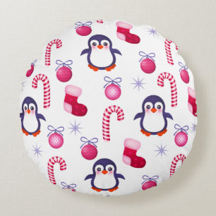 Cute Pink & White Christmas Pattern with Penguins Round Cushion