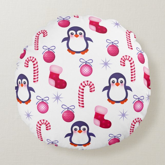 Cute Pink & White Christmas Pattern with Penguins Round Cushion (Front)