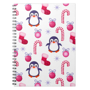 Cute Pink & White Christmas Pattern with Penguins Spiral Notebook