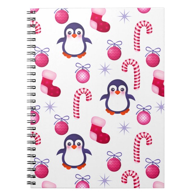 Cute Pink & White Christmas Pattern with Penguins Spiral Notebook (Front)
