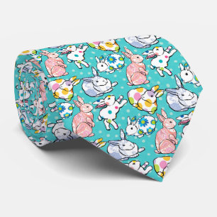 Cute Pink White Easter Bunny on Turquoise Pattern Tie