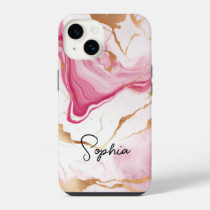 Cute pink white faux glitter marble art monogram iPhone 14 case
