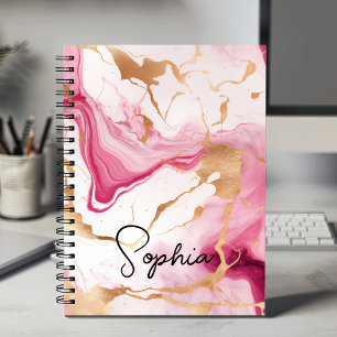 Cute pink white faux glitter marble art monogram notebook