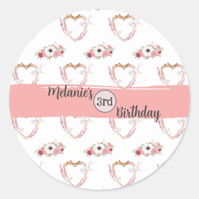 Cute Pink White Floral Heart Pattern Birthday Classic Round Sticker (Front)