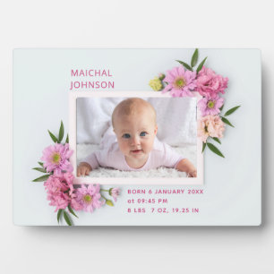 Cute Pink white Floral Watercolor Baby Girl Photo Plaque