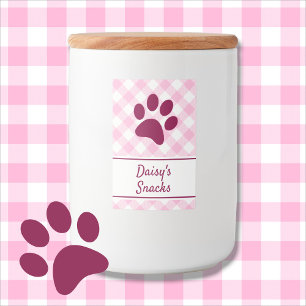 Cute Pink White Gingham Checkered Pattern Paw Name Food Label