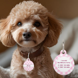 Cute Pink White Gingham Chequered Pattern Name Pet Tag