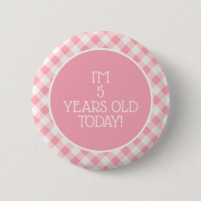 Cute Pink White Gingham Little Girl's 5th Birthday 6 Cm Round Badge (Front)