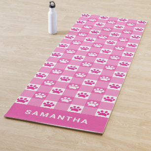 Cute Pink White Gingham Paw Prints Custom Yoga Mat