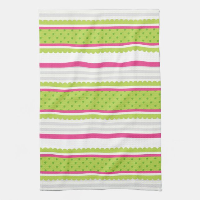 Cute Pink White Green Stripes Polka Dot Pattern Tea Towel (Vertical)