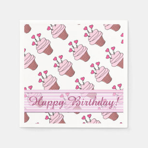 Cute Pink & White Heart Cupcakes Birthday Napkins