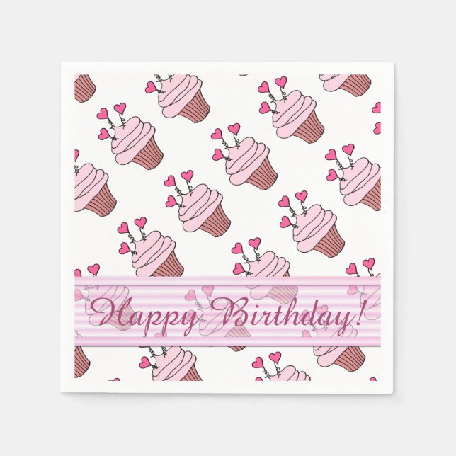 Cute Pink & White Heart Cupcakes Birthday Napkins (Front)