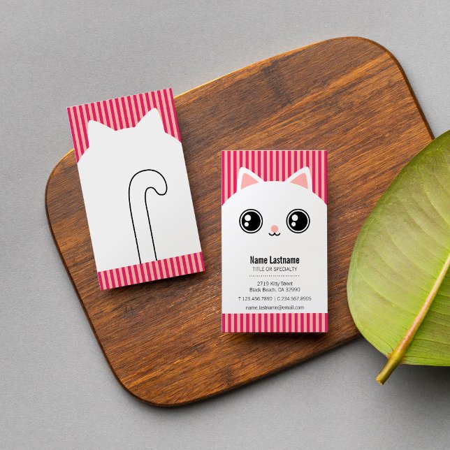 Cute Pink White Kitty Face Pet Sitter Template Business Card (Creator Uploaded)