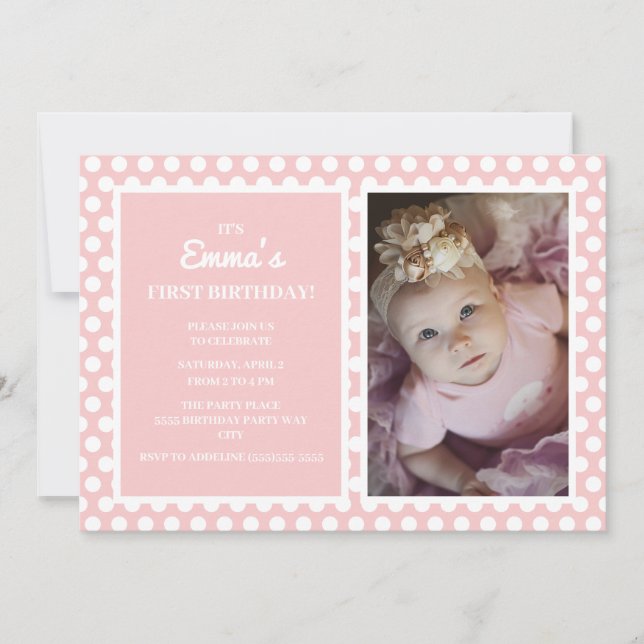 Cute Pink White Polka Dot Little Girl 1st Birthday Invitation (Front)