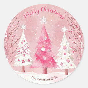 Cute Pink White Retro Christmas  Classic Round Sticker