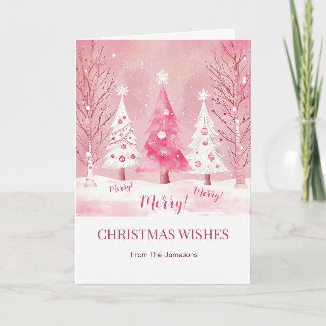 Cute Pink White Retro Christmas  Holiday Card (Front)