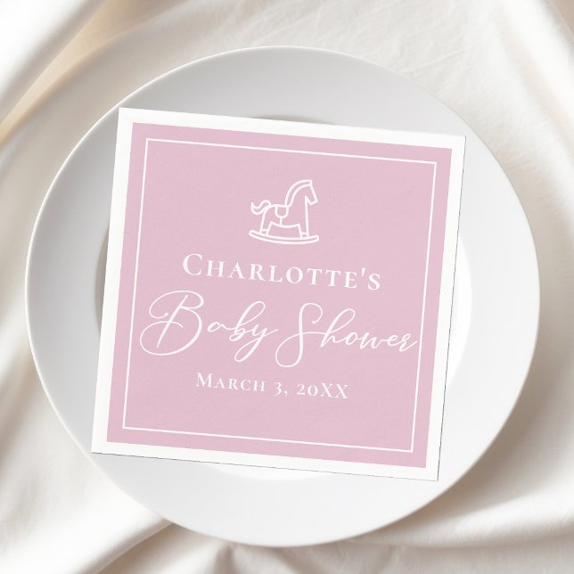 Cute Pink White Rocking Horse Baby Shower Napkin (Creator Uploaded)