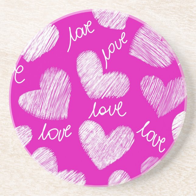 Cute Pink White Scribbled Hearts with Love Script Coaster (Front)