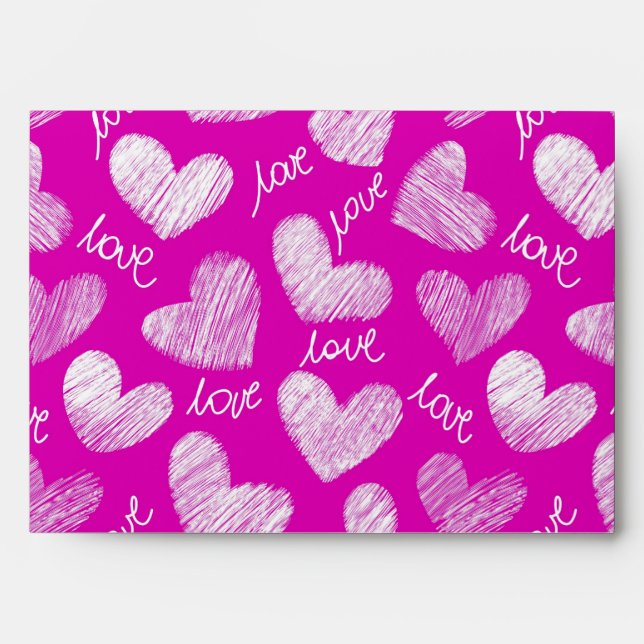 Cute Pink White Scribbled Hearts with Love Script Envelope (Front)