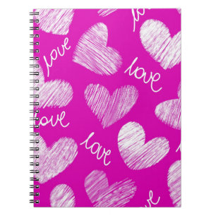Cute Pink White Scribbled Hearts with Love Script Spiral Notebook