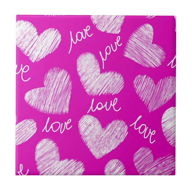 Cute Pink White Scribbled Hearts with Love Script Tile (Front)