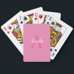 Cute Pink White Script Monogram Playing Cards<br><div class="desc">These cute stylish playing cards feature an elegant arrangement of name (in white) and monogram initial (in hot pink) on a pretty pink background. The design is easy to personalise by typing the name and initial of your choice into the online personalisation template before ordering cards.</div>