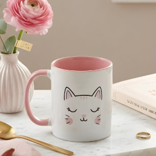 Cute Pink & White Sleeping Cat Face Mug
