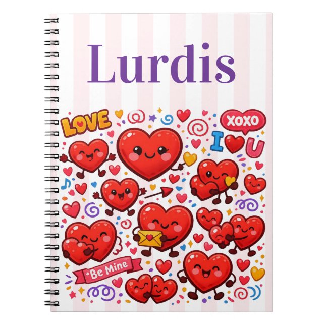 Cute Pink & White Stripe Spiral Notebook Hearts (Front)