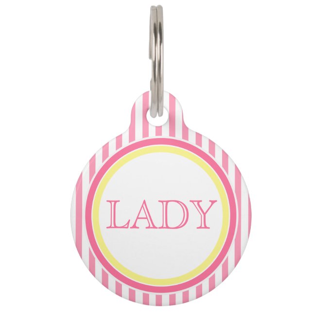 Cute Pink & White stripes | Personalised  Pet Tag (Front)