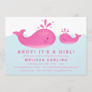 Cute Pink & White Whale Nautical Baby Girl Shower Invitation