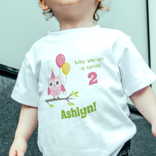 Cute Pink Who Is Turning 2 Party Owl 2nd Birthday Baby T-Shirt (Creator Uploaded)