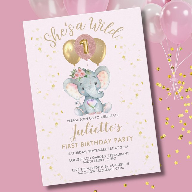 Cute Pink Wild One Elephant First Birthday Girl Invitation (Creator Uploaded)