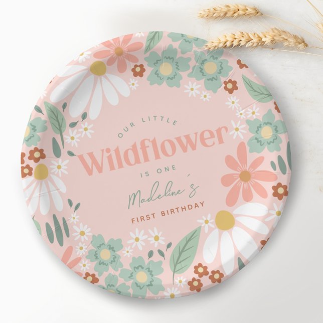 Cute Pink Wildflower Daisy Kids First Birthday Paper Plate (Creator Uploaded)