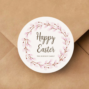 Cute Pink Willow Happy Easter Classic Round Sticker
