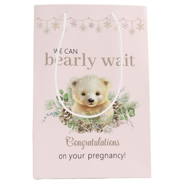 Cute Pink Winter Baby Shower We Can Bearly Wait Medium Gift Bag (Front)
