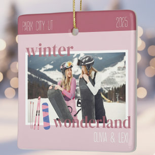 Cute Pink Winter Ski Theme Keepsake Photo  Ceramic Ornament