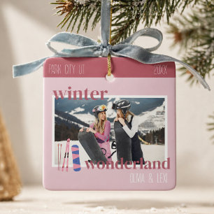 Cute Pink Winter Ski Trip Photo Ceramic Ornament