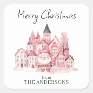 Cute Pink Winter Town Modern Christmas Square Sticker