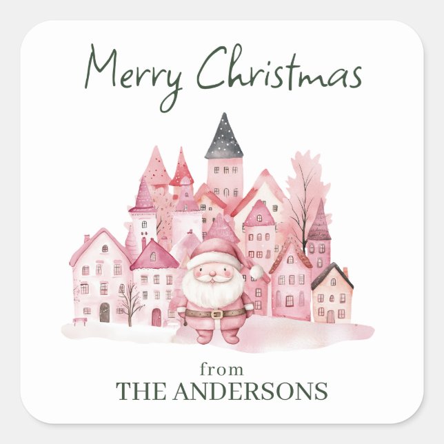 Cute Pink Winter Town Modern Christmas Square Sticker (Front)