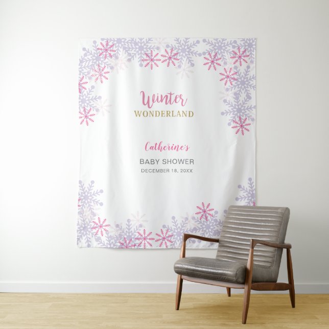 Cute Pink Winter Wonderland Baby Shower Snowflakes Tapestry (In Situ)