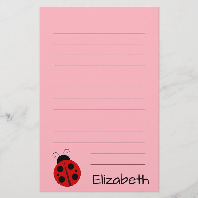 Cute Pink with Black Text and Ladybug Stationery (Front)