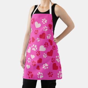 Cute Pink with Heart and Cat Paw Prints Pattern Apron