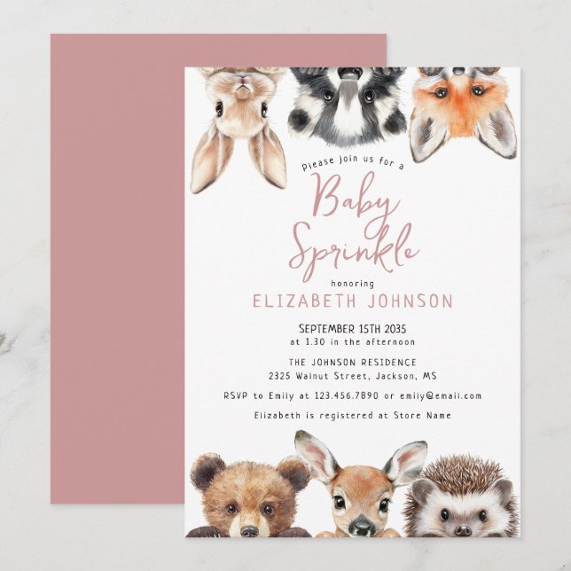 Cute Pink Woodland Animals Baby Shower Sprinkle Invitation (Front/Back)