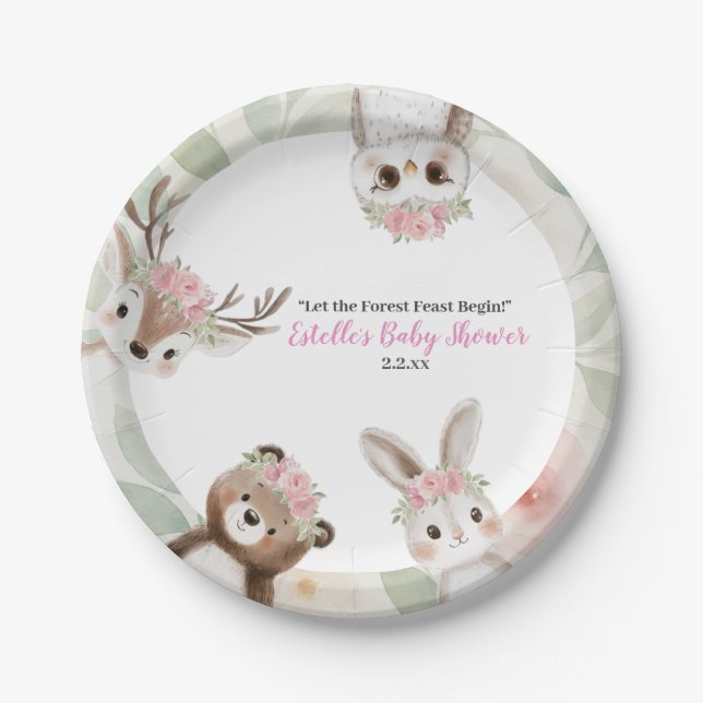 Cute Pink Woodland Animals Girl Baby Shower  Paper Plate (Front)
