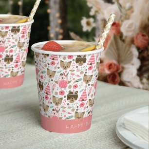 Cute Pink Woodland Animals Personalised Birthday Paper Cups