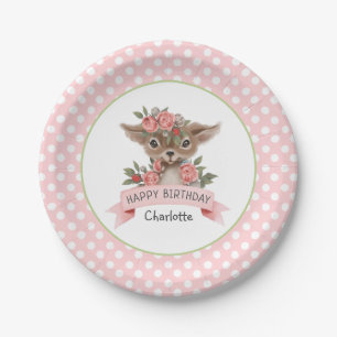 Cute Pink Woodland Deer Birthday Party for Girl Paper Plate